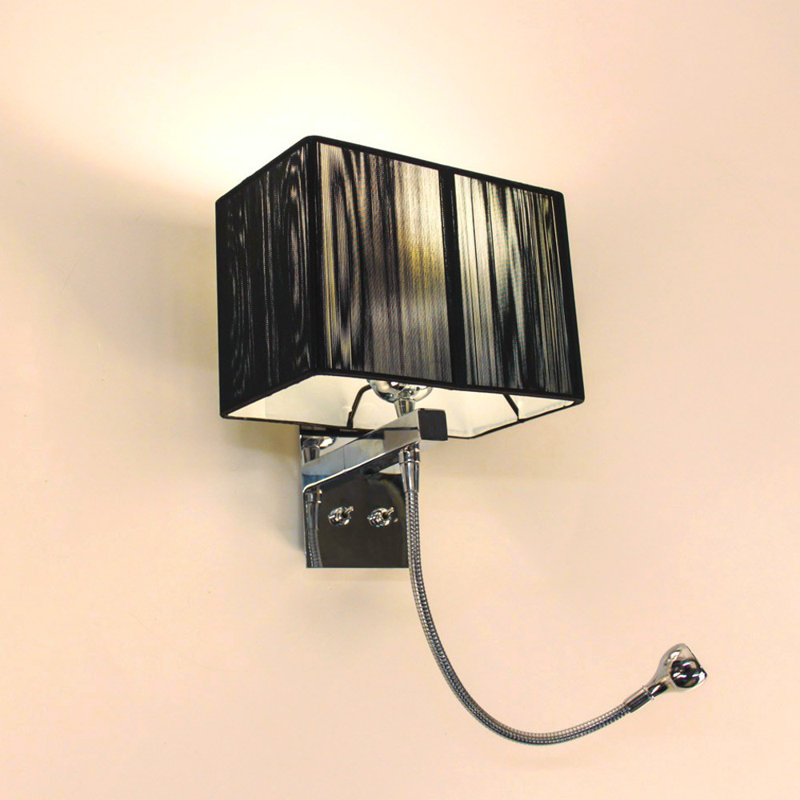 Twine wall lamp with LED reading arm and fabric shade, Black