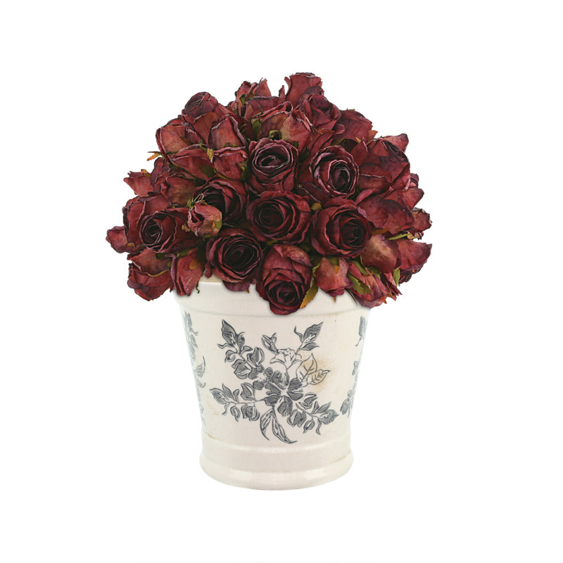 Dried Rose Bundle in Ceramic Pot, Dark Red