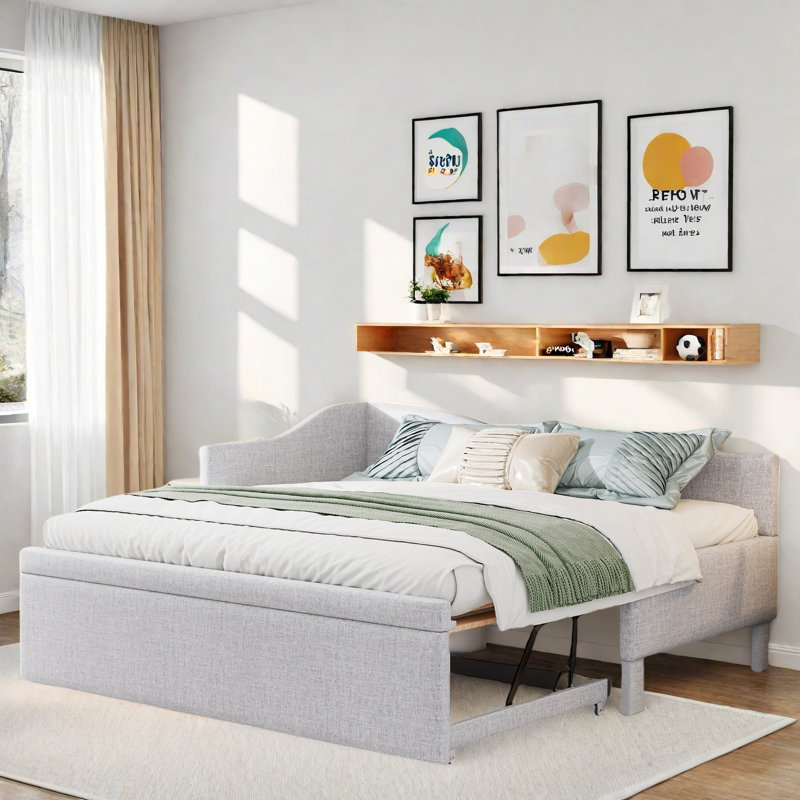 Upholstered L-shaped Upholstered Daybed With Pop Up Trundle, Beige