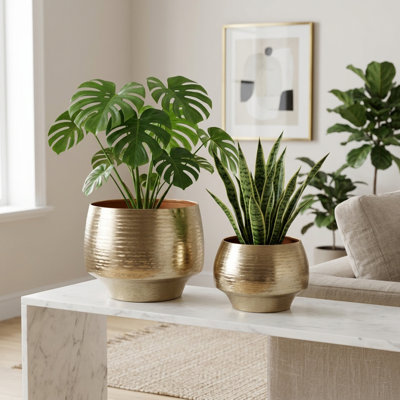 Pots de fleurs élégants en métal incurvé à finition texturée pour la décoration intérieure et extérieure - Lot de 2, 28 cm et 23 cm, couleur or