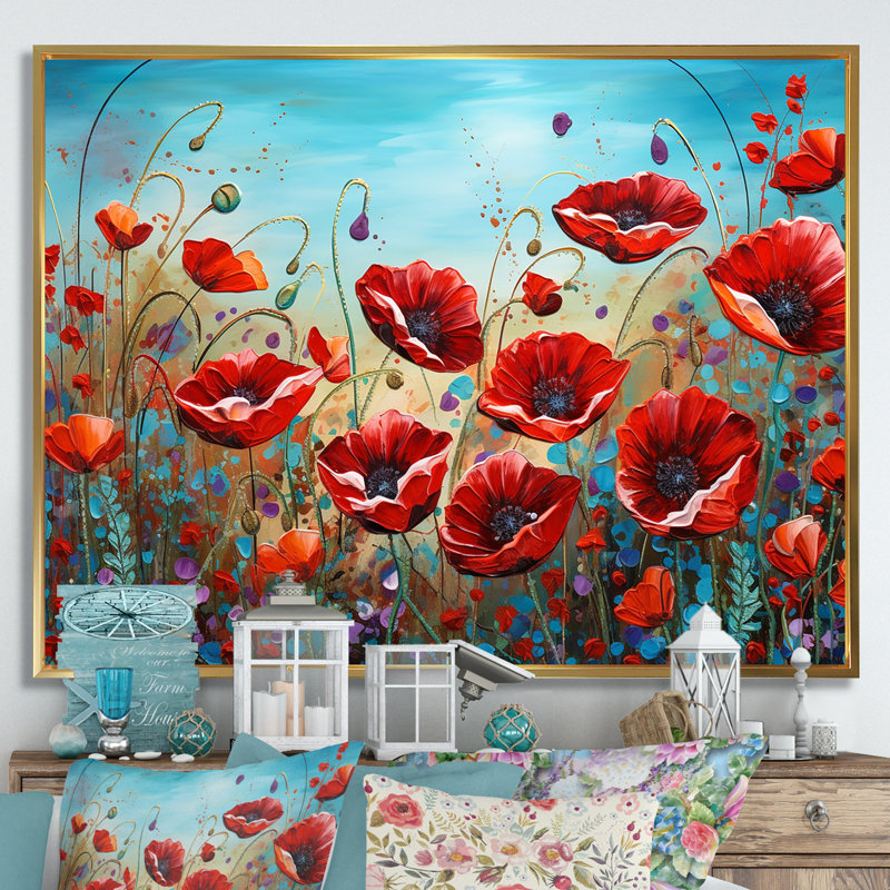 Red Poppies Blossoming III - impression, Cadre flottant doré, H 24 po x l 32 po x P 1 po