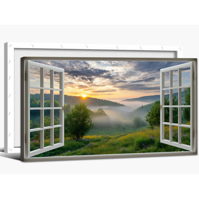 Open Window Nature Canvas Wall Decor, Serene Morning Forest Scenery Wall Art, Large Panoramic Landscape Painting Vibrant Tree Pictures Artwork for Li