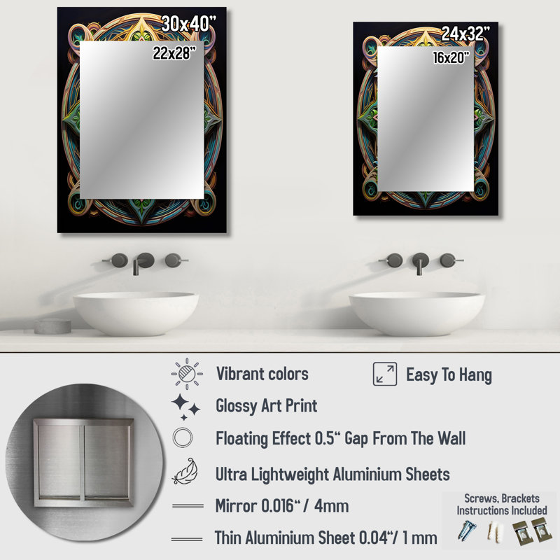 Ancien mandala magique coloré I - miroir mandala boho, miroir mural décoratif traditionnel, impression d'art en métal