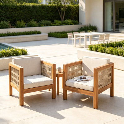 Ensemble de fauteuils club d'extérieur en bois d'acacia durable, accoudoirs en corde beige, résistant aux intempéries, capacité de 400 lb, parfait pour le patio et le jardin