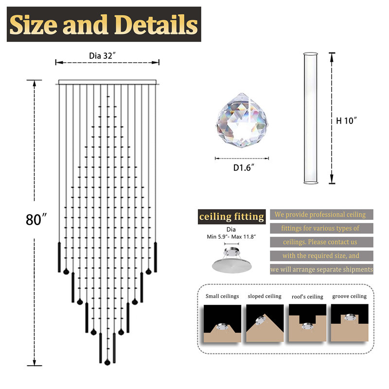 Lustre carré en cristal à DEL 4 niveaux pour plafonds hauts Chaimar 32 po x 79 po