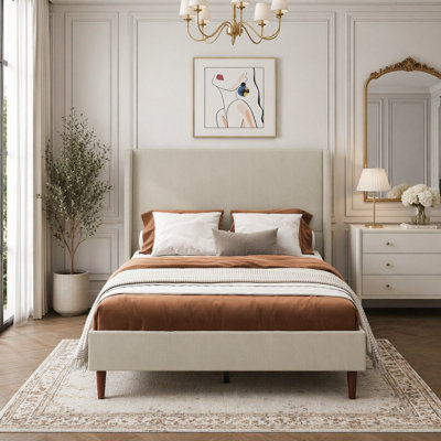 Queen Size Linen Upholstered Bed Frame with High Headboard, 12-Slat Support, No Box Spring Needed, Beige