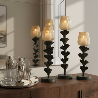 Adel Modern Glass Pillar Candle Holder for Tabletop Decor - Decorative Flower Inspired Candlestick Holder for Home Decor - Set of 3, 23", 20", 14, Grey