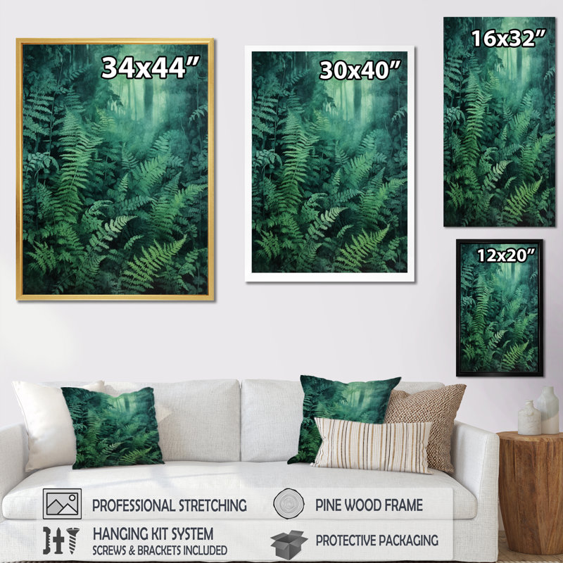 Fougère verte sur toile, Encadrement doré, H 32 po x l 24 po x P 1 po