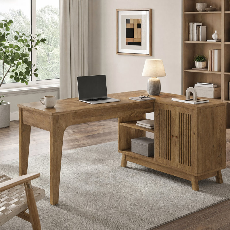 Bureau en L avec armoire de rangement, bureau de coin pour ordinateur à domicile, Brun