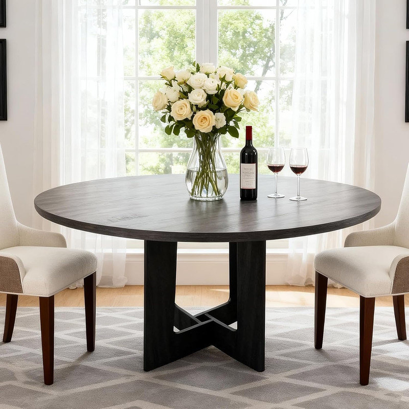 43.3" Round Dining Table for 4, Modern Farmhouse Wood Kitchen Table for Small Spaces & Apartments, Black