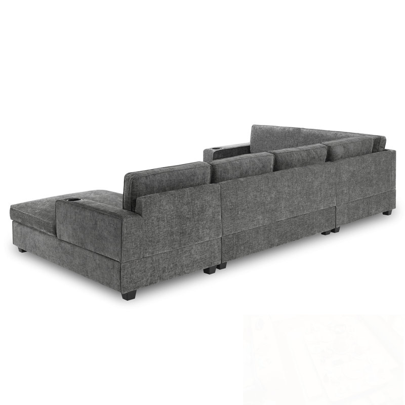 Canapé modulaire en U en chenille avec porte-gobelets et siège large, Gris chenille