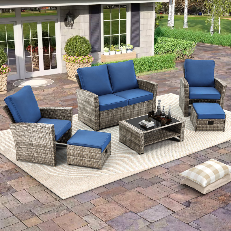 7 - Person Patio Conversation Set with Cushions, Blue/Grey