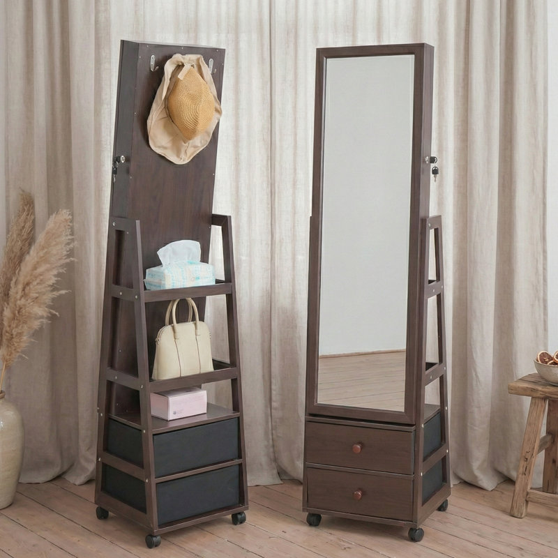 Armoire à bijoux, miroir sur pied pleine grandeur, rangement pour bijoux avec écran tactile et miroir de coiffeuse rotatif, armoire à bijoux verrouillable avec roulettes