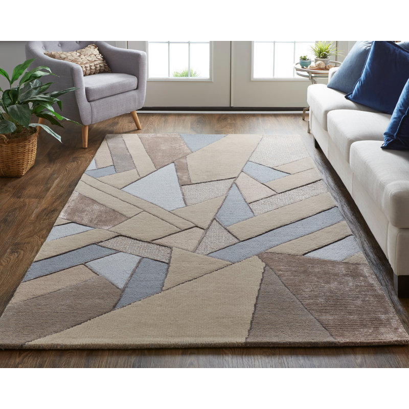 Tapis brun clair / gris / bleu froid touffeté à la main Hithin, Rectangle 8 pi x 10 pi