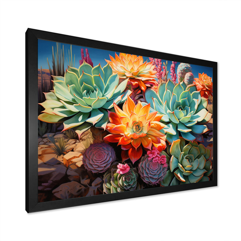 Succulentes vertes, orange, fleurs du désert II, H 30 po x l 40 po x P 1,5 po, Cadre photo noir