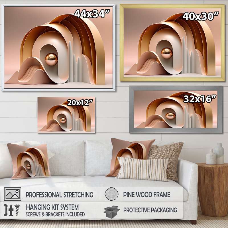 Rose et courbes architecturales futuristes sur toile, Cadre simple argenté, H 12 po x l 20 po x P 1 po