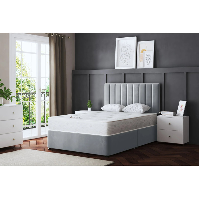 Amelia Upholstered Panel 4 Draw Divan Bed with Headboard, Silver, Single (3')