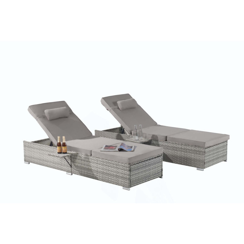 Outdoor Chaise Lounge Chair Set Of 2 With Patio Pool Chairs Lounges For Outside,Beach Rattan Recliners With Adjustable Backrest, Table, Cushion For Poolside Backyard Garden
