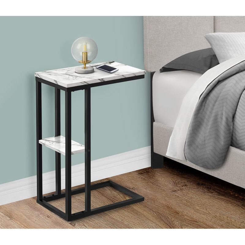 Table d'appoint, en forme de C, bout, côté, collation, stratifié aspect marbre blanc, métal noir, White