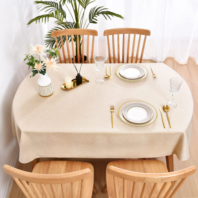 Linen Oval Tablecloth Heavy Duty Wrinkle Resistant Fabric Table Cloths 60 X 84 Inch Beige Farmhouse Rustic Table Cover