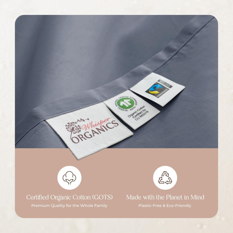Whisper Organic Certified Organic Queen Flat Sheet Only - 100% Organic Cotton Sheets With Luxurious Soft And Breathable 300 Thread Count Sateen Weave Finish - Gots & Fairtrade Certified (Queen, Mineral)
