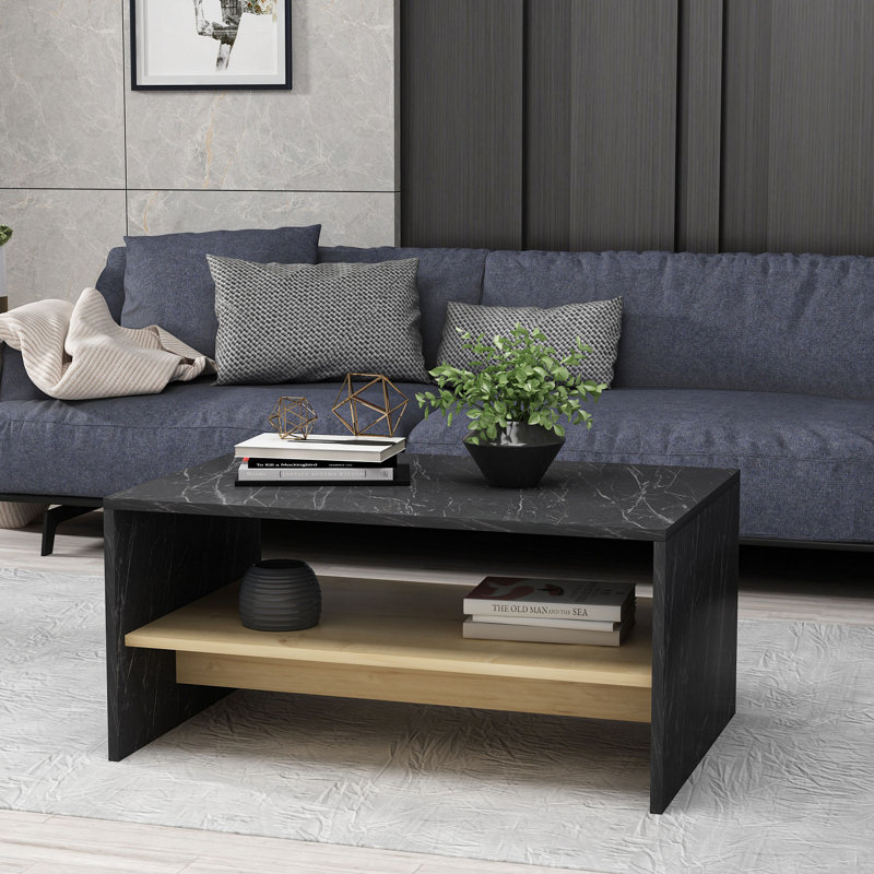Table basse moderne à 2 niveaux, noir et marbre / chêne saphir, panneau de particules enduit 100% mélamine, épaisseur: 0,7 pouce | Design élégant et fonctionnel pour le salon et la décoration moderne