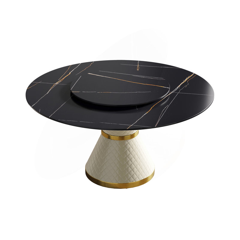 Table de salle à manger moderne 59,05 "en pierre artificielle ronde en acier au carbone pouvant accueillir 6 personnes - Table tournante en pierre artificielle 31,5"