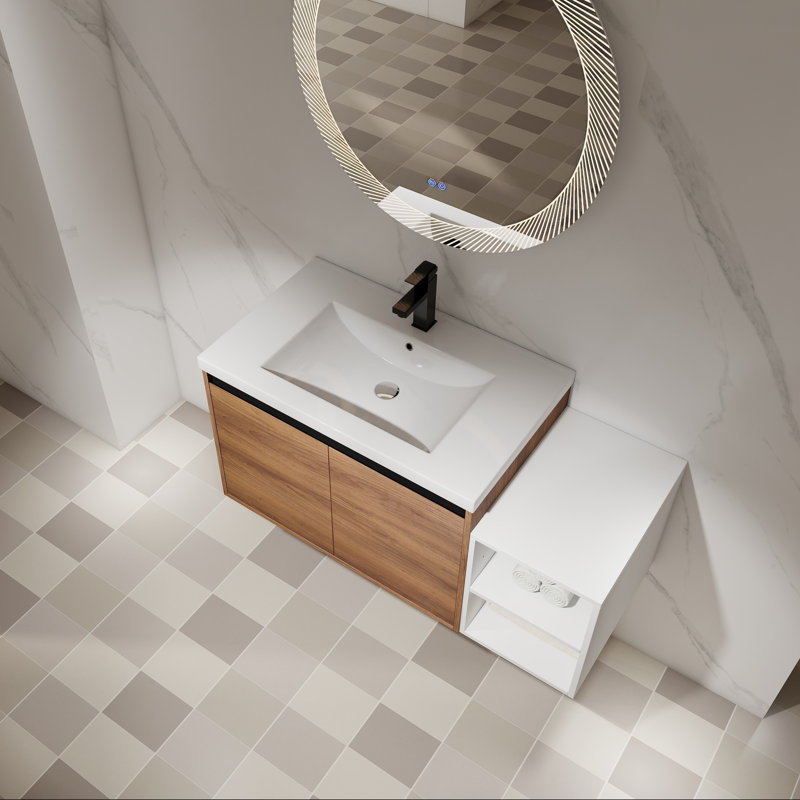 Meuble-lavabo mural avec lavabo de comptoir en résine, tablette et portes à fermeture en douceur, 42"