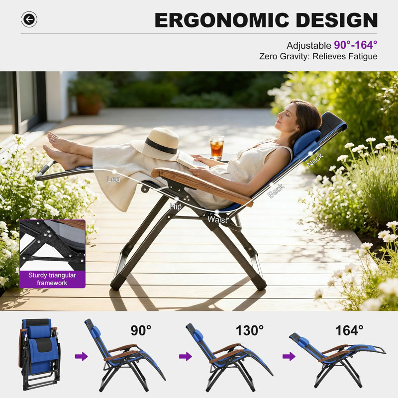 Oversized Outdoor Reclining Chair Patio Zero Gravity Chaise Lounge Folding Chair with Quilted Cushion Adjustable Headrest