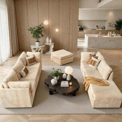 7-Piece Living Room Sofa Set, Modern Plush Corduroy Couch Set With Ottomans, Modular Design For Versatile Seating