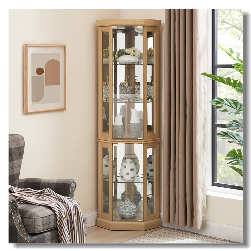 Light Oak Corner Glass Lighted Curio Cabinet