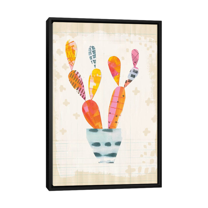 «Collage Cactus IV.A, impression sur toile tendue, H 26 po x l 18 po x P 1,5 po, Toile avec cadre noir, Pas de tapis