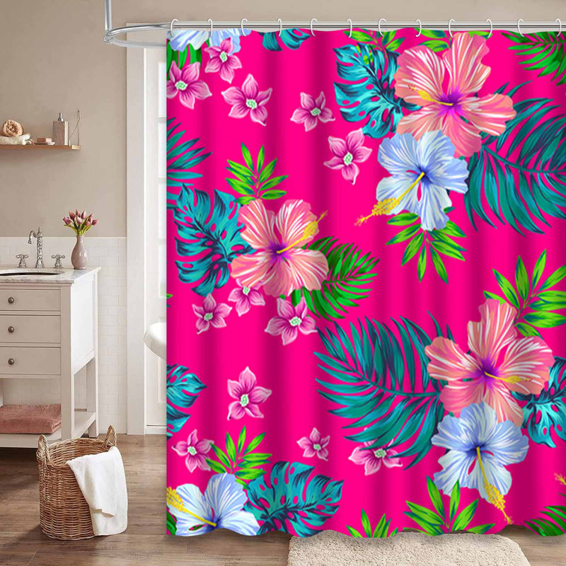 Rideau de douche imperméable à l'eau avec feuilles de palmier et hibiscus, L 72 po x l 72 po