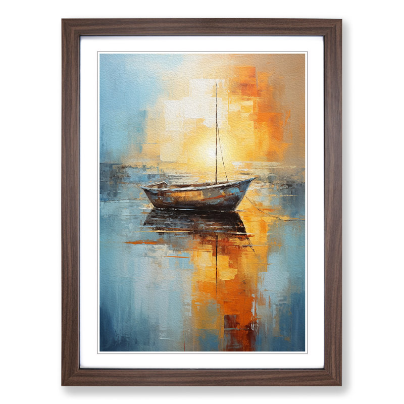 Boat On A Lake Abstract No.2 - Single Picture Frame Print on Wood, Walnut Framed, 64cm H x 46cm W x 2cm D