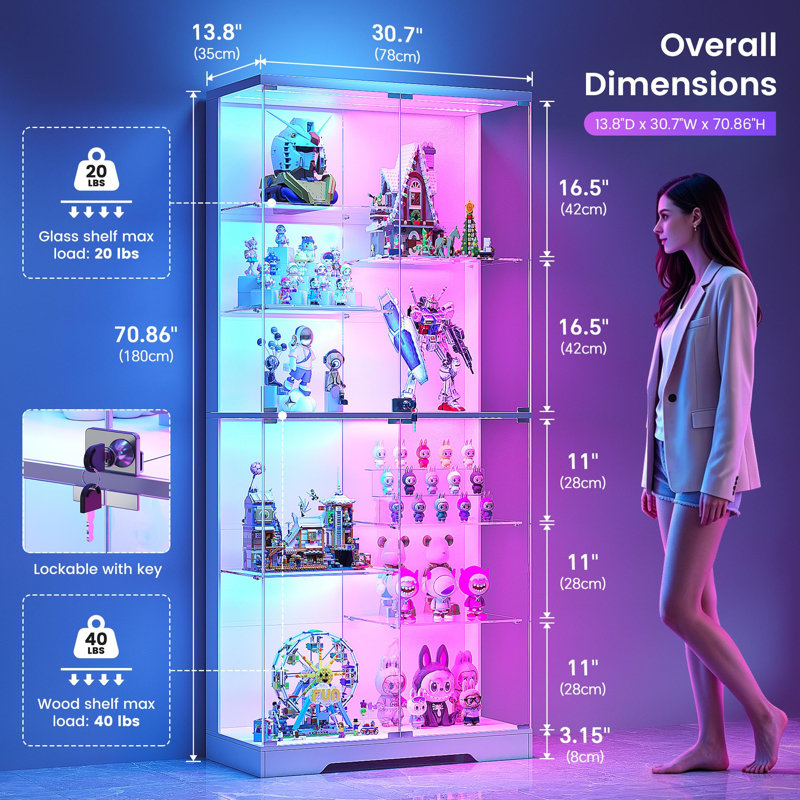 10-Tier Glass Display Cabinet with RGB Lights, Motion Sensor & Lock, White