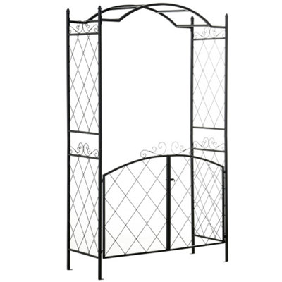 Outsunny 85" Garden Arch Arbour, Metal Arch Trellis with Gate, Garden Archway for Climbing Vines, Wedding Ceremony Decoration, Black