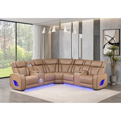 Canapé modulaire inclinable électrique Fortuner avec appuis-tête électriques, causeuses pour console, coin, bande lumineuse à DEL, haut-parleurs, porte-gobelets et bras de rangement - caramel