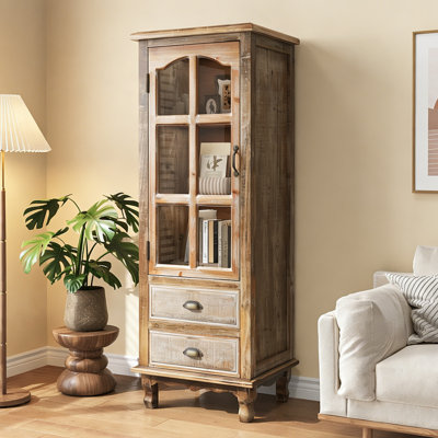Armoire décorative rustique de 49,8 po de hauteur, armoire de rangement en bois avec porte à découpes décorative et 2 tiroirs, buffet haut et étroit pour le salon, la chambre à coucher (naturel)
