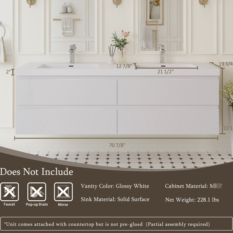 Meuble-lavabo flottant 72 po avec lavabo 72 po, blanc brillant, rangement moderne, lavabo à surface solide, 4 tiroirs à fermeture en douceur, comptoir en résine, assemblage facile, bois, armoire à cosmétiques