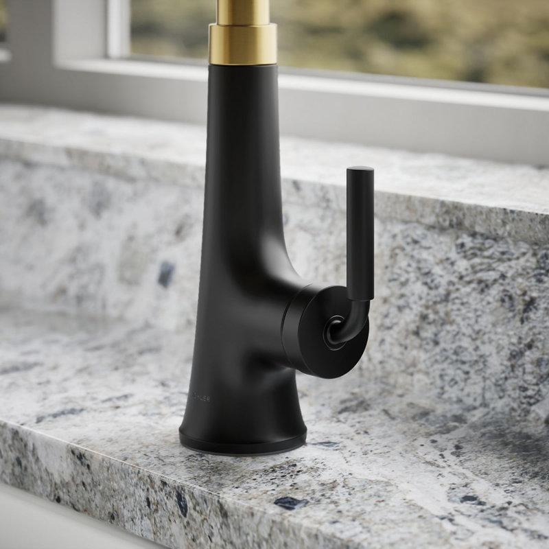 Robinet d'évier de cuisine à poignée simple avec douchette extractible Tone, Noir mat / laiton moderne