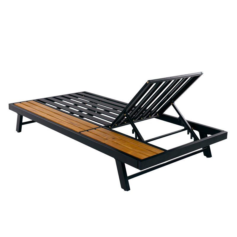 Tyvorn 76.75'' Long Modern Minimalist Outdoor Acacia Wood Accent Chaise Lounge with Iron Frame, Adjustable Backrest & Water-Repellent Cushions for Patio, Poolside, Backyard