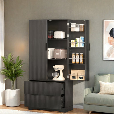 Farmhouse Pantry Storage With 2 Large Drawers, 8 Door Spice Racks, Adjustable Shleves And Unique Stripe Design by Lark Manor