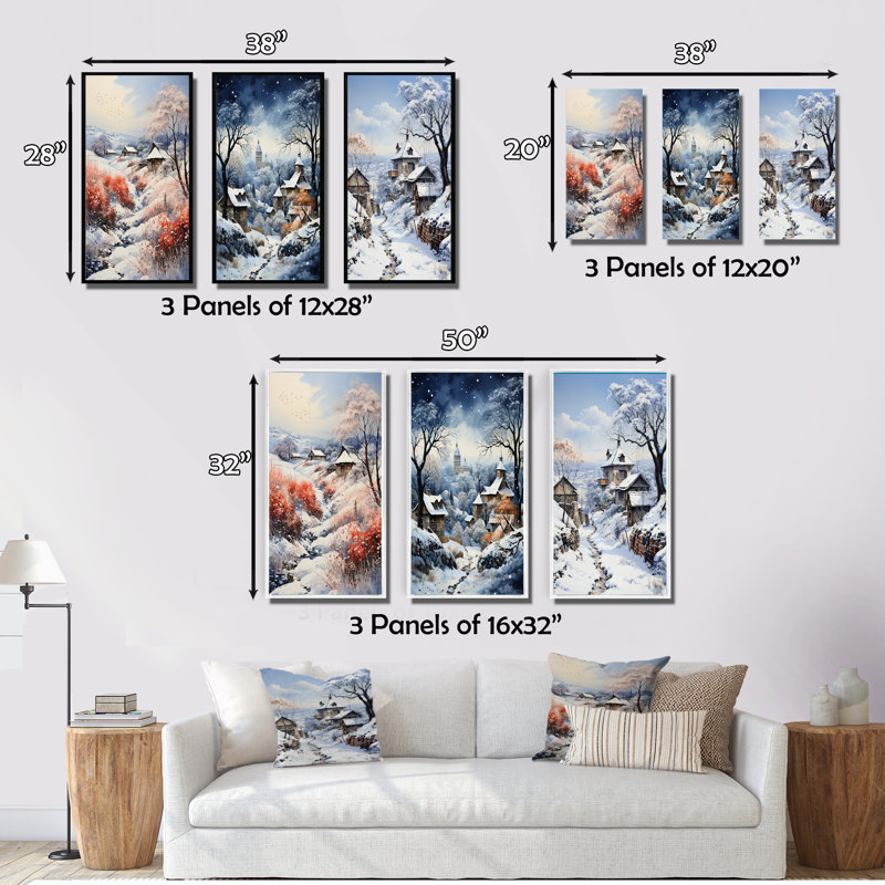 «Harmony Of Winter Village II», 3 pièces sur toile, Cadre noir, H 20 po x l 36 po