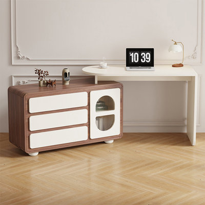 Bureau de direction demi-cercle en composite de couleur crème cristal avec tiroirs