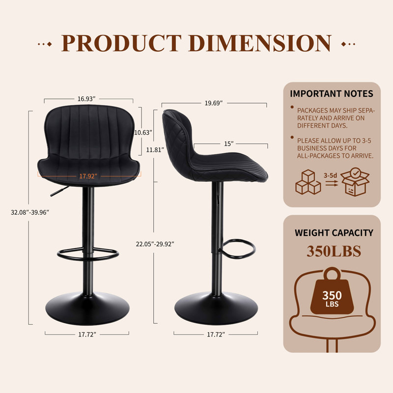 Lirah Vegan Leather Swivel Adjustable Height Upholstered Bar & Counter Stools, Black, 2
