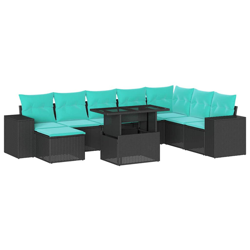 Ensemble de canapé de patio 9 pièces avec coussins en rotin de polyester, Bleu clair, Noir