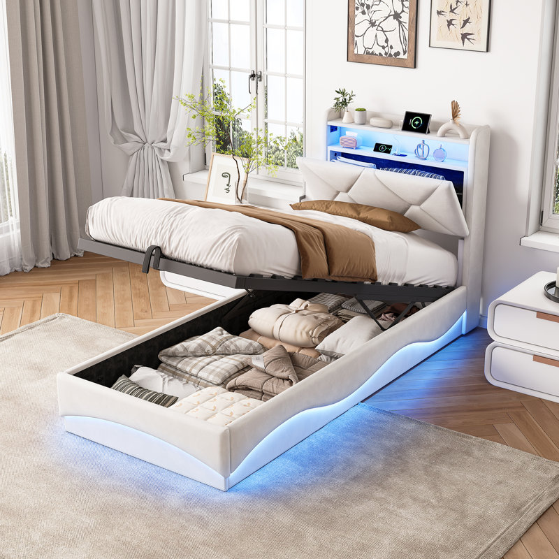 Upholstered Bed, European Single (90 x 200 cm), Beige