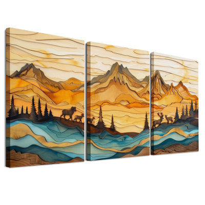 Paysage de montagne en bois superposé avec un ensemble de 3 toiles murales