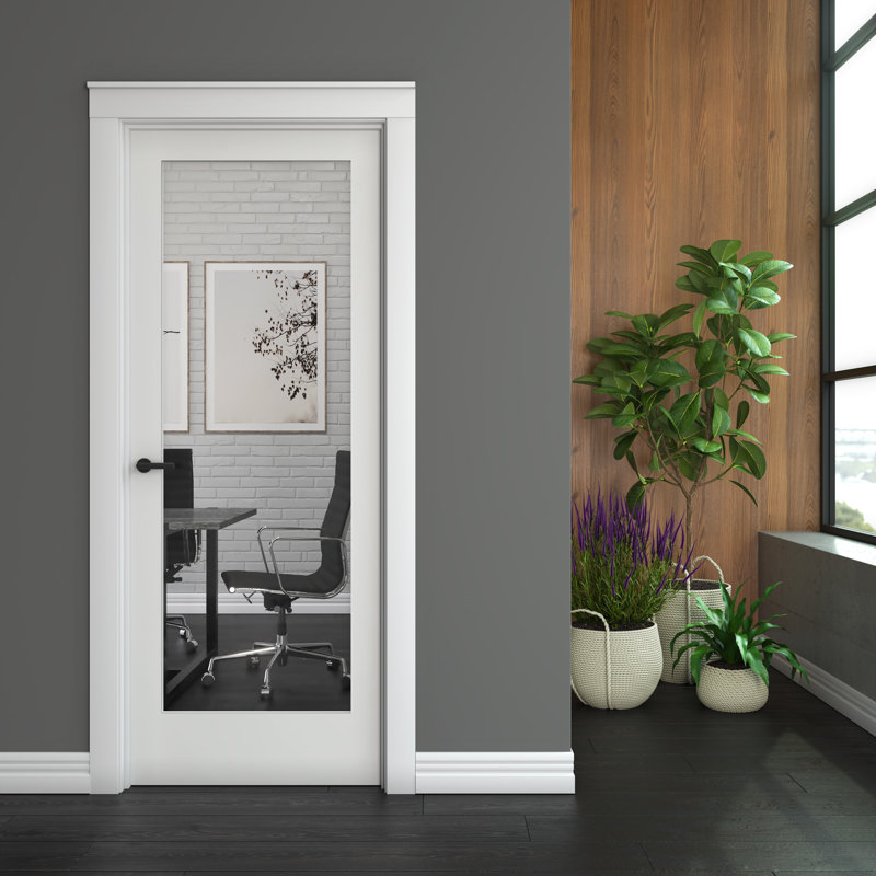 Primed White Solid Core Pine Wood Slab Door with Clear Glass