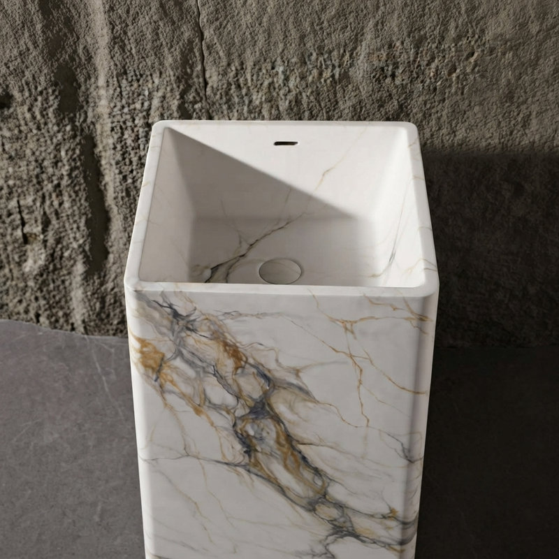 Lavabo sur pied de luxe Giving Tree, lavabo à surface solide autoportant pour salle de bain, Marbre - carré